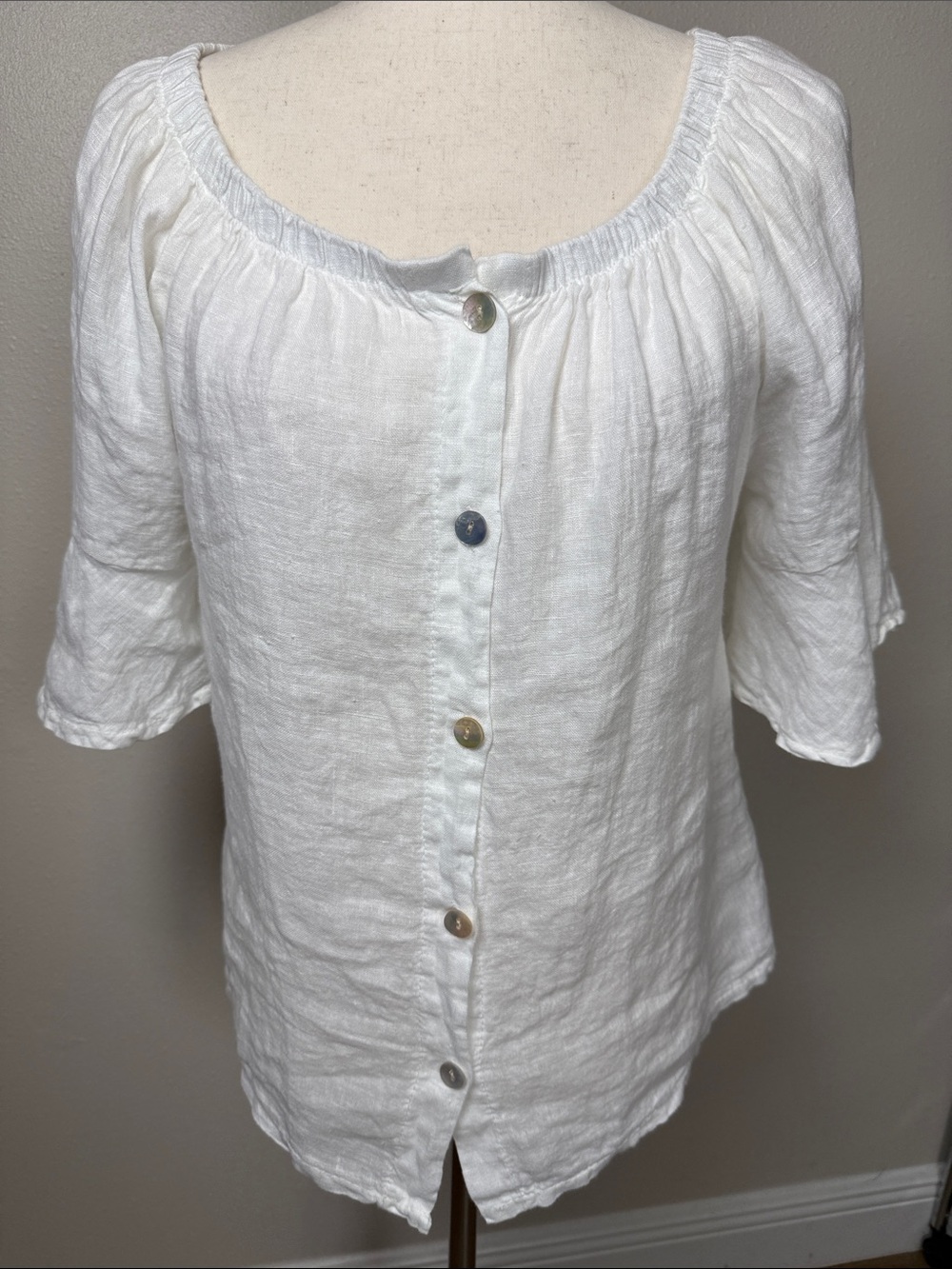 Saks Fifth Ave Linen Blouse S White Italy Flounce Sleeve Bardot Shell Button Top